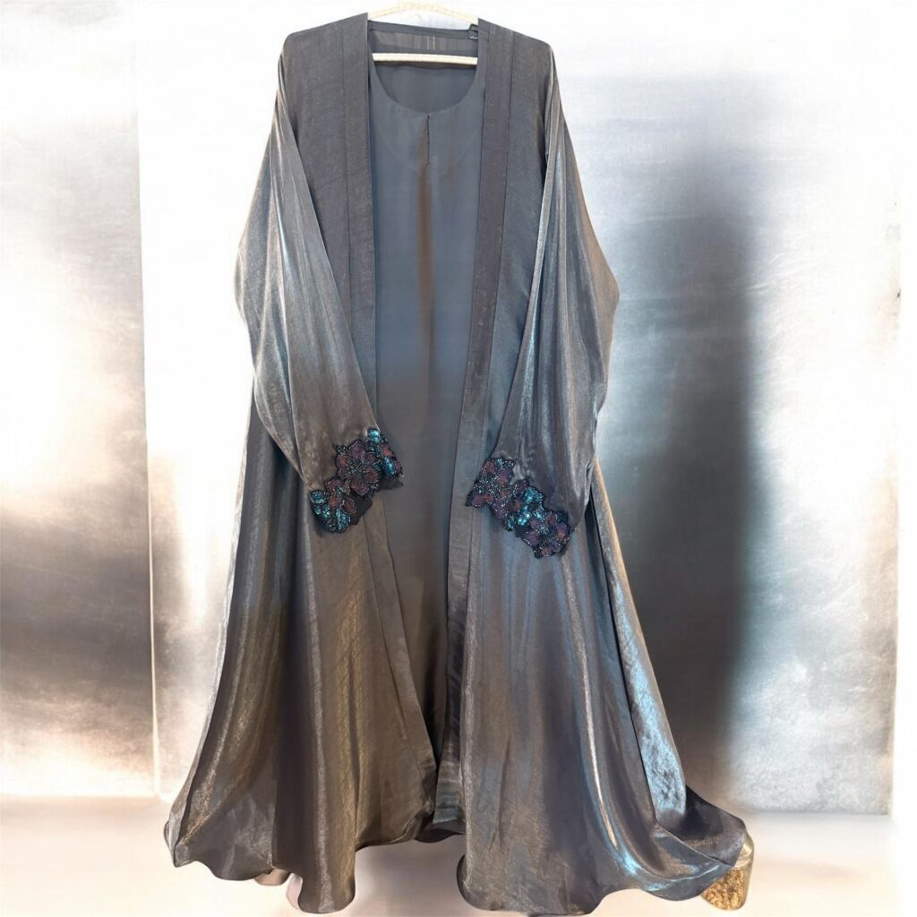 Greyish Blue and Gold Luxury Abaya in Premium Fabric - Noor e Muslimah.