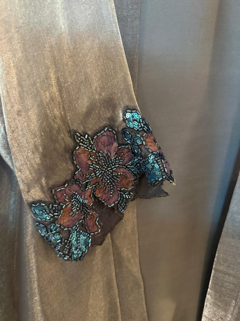 Heavy gold handwork on greyish blue abaya sleeves - Boutique collection Pakistan.