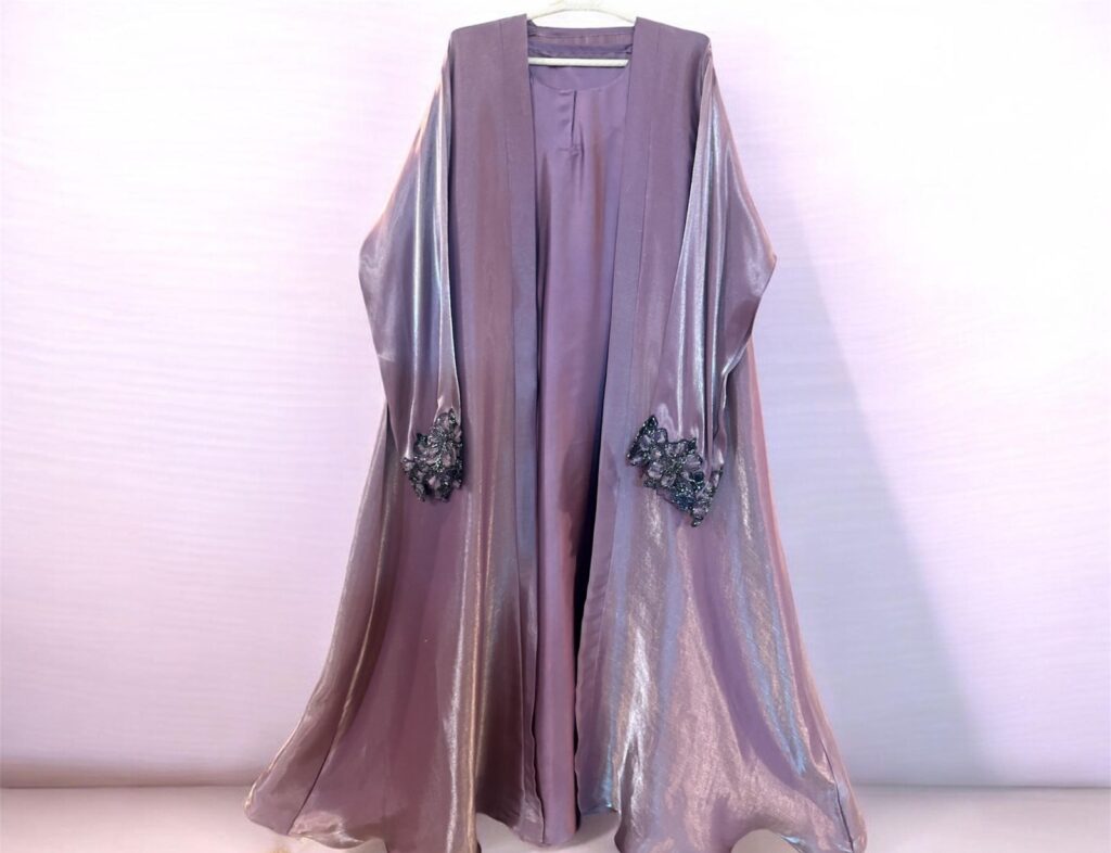 Royal Purple and Golden Shine Abaya Set - High-end Designer Wear Pakistan.